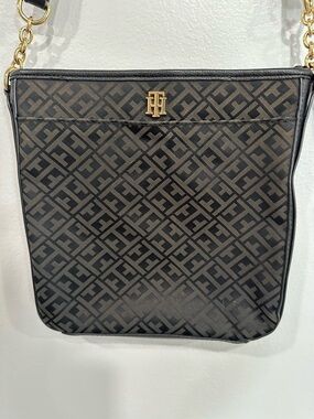 Tommy Hilfiger Black and Brown Monogram Crossbody with Gold Hardware